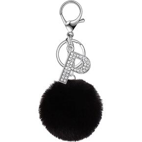 Initial Keyring Alphabet Keychain With Pom Pom Women Girl Shiny Crystal Key Ring Birthday Gift Friendship Keychain