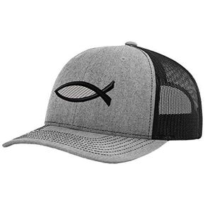 Jesus Fish #2 Colors Embroidery Richardson Structured Front Mesh Back Cap Heather Gray/Black