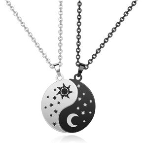 2pcs Yin Yang BFF Couple Pendant Necklace for Women Men Round Black White Stainless Steel Matching Puzzle Moon and Sun Tai Chi Necklace BestFriend Girlfriend Boyfriend Gift