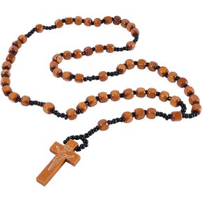 Stuppendux Wooden Bead Rosary Necklace Cross Crucifix Catholic Prayer Jesus for Men Women