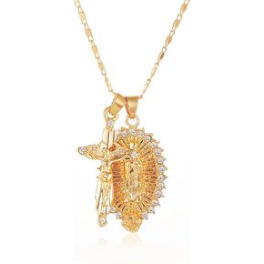 Virgin Mary Cross Jesus Pendant Necklace for Men Women Boys Girls 14K Gold Plated Vintage Charm Catholic Christian Shine Rhinestone Cubic Zirconia Layer Chain Necklace for Amulet Jewelry Gifts