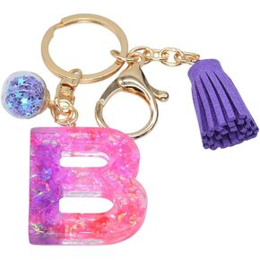 COLORFUL BLING Initial Letter A-Z Keychain Glitter Alphabet Keyring with Purple Tassel for Purse Handbag