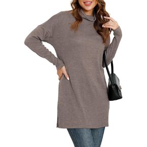 بلوزة نسائية من AWULIFFAN بياقة مدورة وأكمام طويلة وحاشية مقسمة فضفاضة كاجوال in Kuwait