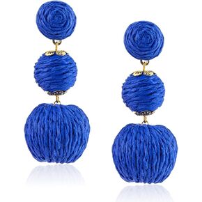Boho Raffia Ball Earrings for Women, Statement Raffia Round Drop Earrings - Summer Beach Vacation Jewelry