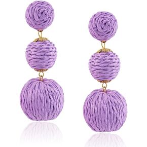 Boho Raffia Ball Earrings for Women, Statement Raffia Round Drop Earrings - Summer Beach Vacation Jewelry