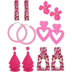 Hot Pink Earrings for Women Hoop Heart Tassel Flower Rhinestone Rectangle Square Drop Dangle Earrings Geometric Statement Earrings