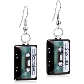 Unique Funny Cute Colorful Cassette Tape Dangle Drop Earrings 80s 90s Retro Black Music Tape Cassette Earrings for Women Girls Statement Jewelry Gifts