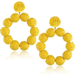 Statement Raffia Earrings for Women Girls Boho Rattan Ball Hoop Dangle Earrings Handmade Bohemia Braid Straw Wicker Raffia Wrapped Drop Earrings Summer Beach Earrings Jewelry