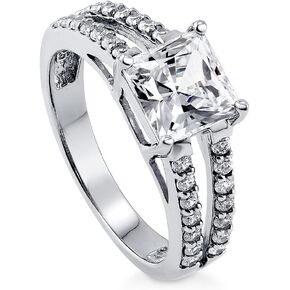 BERRICLE Sterling Silver Solitaire Wedding Engagement Rings 2 Carat Princess Cut Cubic Zirconia CZ Split Shank Ring for Women, Rhodium Plated Size 4-10