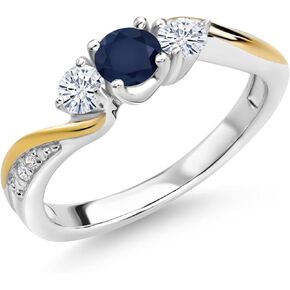 925 Silver and 10K Yellow Gold Blue Sapphire White Moissanite and White Lab Grown Diamond 3 Stone Engagement Ring For Women (0.58 Cttw, September Birthstone, Available In Size 5, 6, 7, 8, 9)