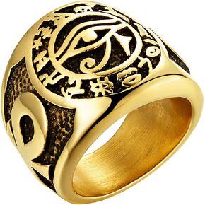 Men's Ring Horus Eye with Ankh Cross Stainless Steel Gold Egyptian Jewelry Gift Size 7-13