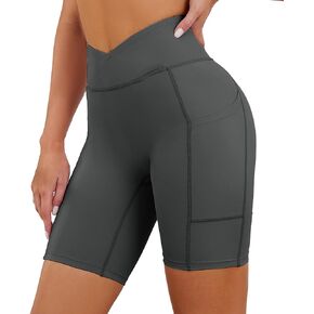 Gym Shorts Women Crossover Waist Workout Shorts with Pockets High Waisted Biker Yoga Seamless Booty Shorts