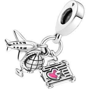 Airplane, Globe & Suitcase Dangle Charm Fit Women Bracelet Necklaces Fashion Gifts 925 Sterling Silver DIY Jewelry