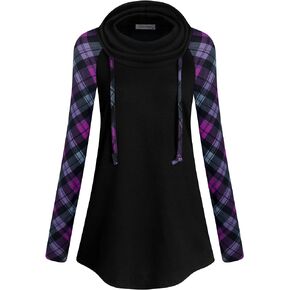Women's Cowl Neck Asymmetric Hem Colorblock Tunic Tops