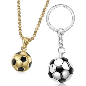 EACHAR Men's Stainless Steel Soccer Pendant Necklace 3D Soccer Football Hip Hop Jewelry Set Charm Necklace With Keychain Soccer Fan Gift for Boys Mens Girls Womens（NL000001）