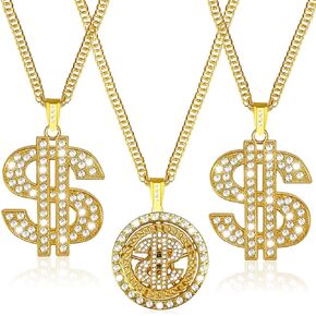 80s 90s Dollar Sign Pendant Necklace, Gold Plated Chain Chunky Hip Hop Dollar Necklace for Men Rapper