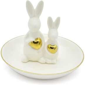 EXEMBE Rabbits love Posture Trinket Tray Decorative Ring Holder Jewelry Storage Dish White And Plated Gold Love