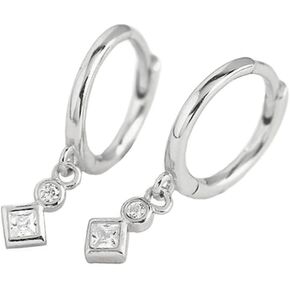 Geometric CZ Bezel Dangle Hoop Earrings for Women Girls 925 Sterling Silver Charms Minimalist Tiny Cubic Zirconia Drop Dangling Cartilage Helix Tragus Hypoallergenic Jewelry Dainty Gifts