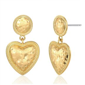 CLASSYZINT Matte Gold Dangle Earrings For Women, Hammered Round Square Heart Charms Gold Statement Retro Earrings | Gold Silver