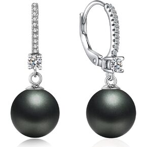 Jiamiao Pearl Earrings Drop for Women Dangle Drop Earrings 925 Sterling Silver Leverback Pearl Drop Earrings 10mm Black/Pearl and Diamond Earrings Jewelry for Women