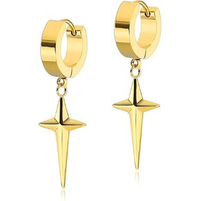 ANDPAI Personalized Punk 316L Stainless Steel Cross Star Hoop Dangle Drop Earrings Small Black Kpop Stainless Steel Geometry Huggie Hoop Earrings for Men Women Boy Statement Jewelry Gifts