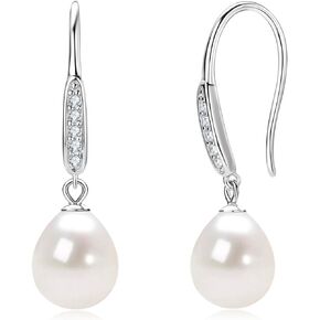 Freshwater Pearl Drop Earrings, 925 Sterling Silver 9-10mm Cultured Pearls Dangle Earrings with Cubic Zirconia, Wedding Anniversary Jewelry Gifts for Women Wife Bride