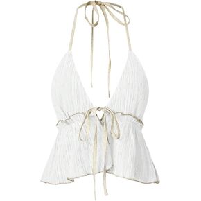 OYOANGLE Women's Sleeveless V Neck Tie Backless Asymmetrical Ruffle Hem Halter Top Tie Front Crop Tops