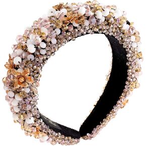 عصابة رأس مبطنة بالكريستال من GLBCC للنساء مصنوعة يدويًا من الأكريليك الوردي مطرزة بالخرز، عصابة رأس بوهو صغيرة مزخرفة بالزهور السوداء، طوق شعر مخملي أسود (عصابة رأس وردية) in Kuwait