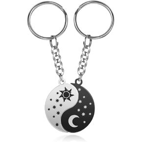 BOPREINA 2pcs Personalized Yin Yang Couple Keyring Round Matching Bag Key Pendant Relationship Key Chain Gift for Women Men