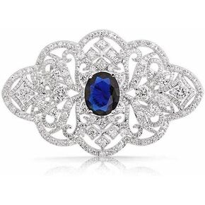 Blue CZ Wedding Brooch Pin for Women Girls Brides Silver Plated Dainty Mazarine Birthstone Vintage Filigree Geometric Flower Brooches Lapel Pins Hat Tie Bridal Corsage Dress Accessories Birthday Prom Party Jewelry Gift
