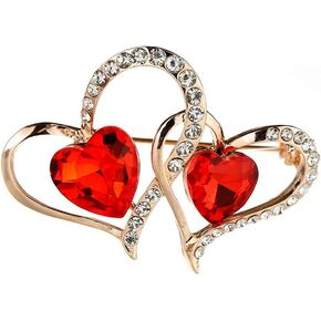Elegant Ruby Red Rhinestone Love Heart Brooch Pin Shining Crystal Double Heart Lapel Pin Valentine's Day Mothers Gift