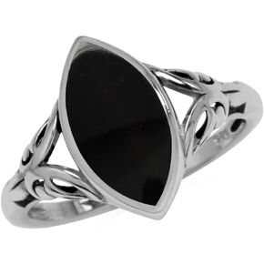Silvershake 14x7MM Natural Marquise Shape Black Onyx 925 Sterling Silver Filigree Ring