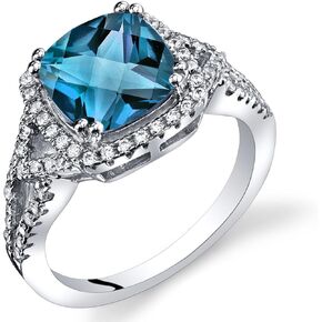 PEORA London Blue Topaz Enchanting Halo Solitaire Ring for Women 925 Sterling Silver, Natural Gemstone Birthstone, 2.75 Carats Cushion Cut 8mm, Sizes 5 to 9