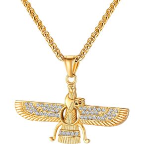Men's 18K Gold Plated Stainless Steel Persian Zoroastrianism Farvahar Pendant Necklace Zarathustra Ahura Mazda Iran Symbol Gift Jewelry