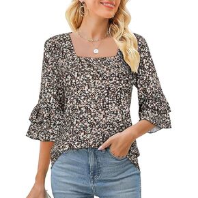 LURANEE Womens Square Neck 3/4 Bell Sleeve Tops Tiered Ruffle Sleeve Summer Shirts Dressy Business Casual Loose Tunic Blouse in Kuwait