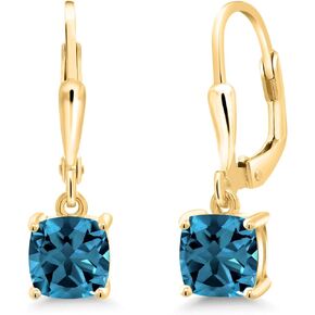 Gem Stone King 18K Yellow Gold Plated Silver London Blue Topaz Dangle Earrings For Women (2.35 Cttw, Gemstone November Birthstone, Cushion 6MM)