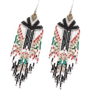 Long Beaded Tassel Earrings - American Flag Drop Earrings Bohemian Beaded, Seed Bead Tribal Dangle Earrings, Pendientes De Borla, Gift Idea for Women, Girls