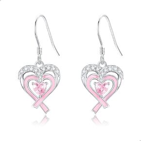 Breast Cancer Earrings 925 Sterling Silver Heart Pink Ribbon Dangle Drop Earrings Breast Cancer Survivor Jewelry Breast Cancer Awareness Gifts for Women Girls