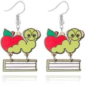 Handmade Wooden Pencil Drop Earring Lightweight Apple Rainbow Pencil Dinosaur Book Wood Earrings Funny Caterpillar Teacher Student Dangle Earrings for Women Back to School Gift