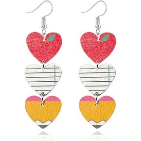 Handmade Wooden Pencil Drop Earring Lightweight Apple Rainbow Pencil Dinosaur Book Wood Earrings Funny Caterpillar Teacher Student Dangle Earrings for Women Back to School Gift in Kuwait