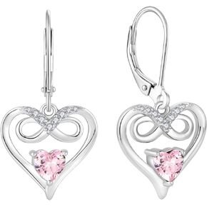 PYNZY Infinity Heart Dangle Drop Earrings, 925 Sterling Silver Earrings with Birthstones for Women Leverback Jewelry for Gifts