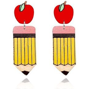 Handmade Wooden Pencil Drop Earring Lightweight Apple Rainbow Pencil Dinosaur Book Wood Earrings Funny Caterpillar Teacher Student Dangle Earrings for Women Back to School Gift