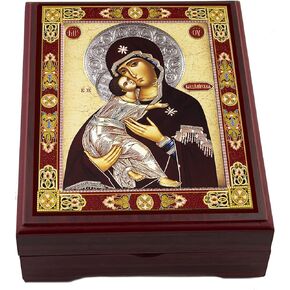 Needzo Rosary Box Madonna Icon Box Virgin Mary Of Vladimir Box for Prayer Beads Jewelry Madonna and Christ Wooden Keepsake Holder 5 Inch, Religious Gift