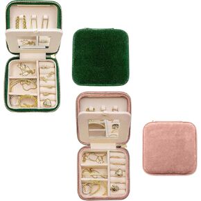 صندوق منظم مجوهرات السفر المخملي المخملي من Benevolence LA Emerald and Dusty Pink | حالة مجوهرات السفر | منظم سفر المجوهرات مع مرآة | حقيبة سفر المجوهرات للنساء in Kuwait