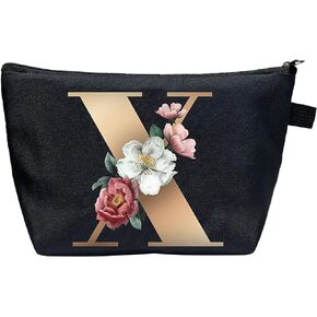 CTNUOBEE Small Letter Comestic Bag Gold Alphabet with Flower Makeup Bag Portable Travel Stuff Bag Zipper Toiletry Pouch Personalized Gifts for Women (J)