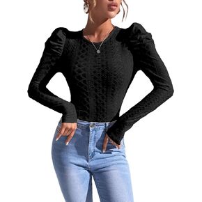 Womens Long Sleeve Crochet Top Puff Sleeve Knit Sweater Elegant Work Blouse