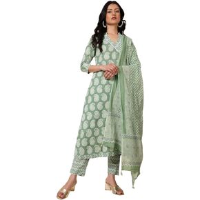 Cotton Angrakha Kurta Pant Set with Dupatta, V Neck Party Wear Indian Ethnic Tunic Kurta Set, 3/4 Sleeves