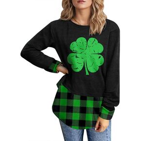 For G and PL Women's St. Patrick's Day Long Sleeve Plaid Sweatshirt Shamrock Irish Clover Tops