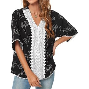 Women's V Neck Tops 3/4 Sleeve T-Shirts Summer Blouses Casual Loose Lace Tunic