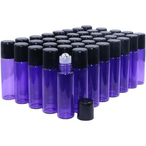 Glass Roller Bottles,5ml(1/6oz) Purple 40 Pack Roll on Glass Bottles for Essential Oils Aromatherapy,Perfume Oils,Lip Balms,DIY Blends creations,with Stainless Steel Roller Ball Black Lid-FREE Dropper